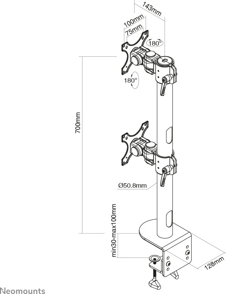 Dvojni nosilec za ukrivljene monitorje Neomounts FPMA-D960DVBLACKPLUS, s sponko, 15 kg, 49", črn