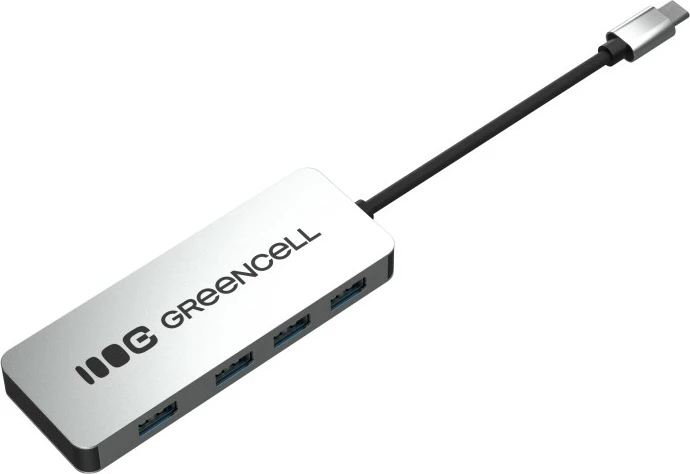Razdelilec USB-C 4-v-1, Green Cell HUB-GC-C4A, 4x USB-A 3.0 do 5 Gb/s, vgrajen kabel 15 cm, srebrno/črn