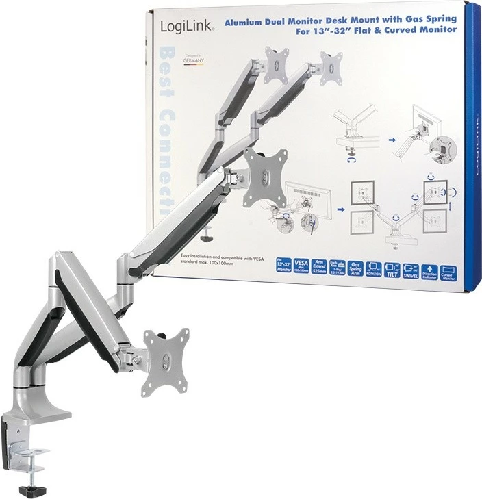 Držalo za 2 monitorja LogiLink BP0043, 13–32 palcev, 2x9 kg, VESA, črno/srebrno