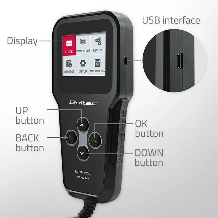 Tester akumulatorjev Qoltec 3-v-1, model 52489, LCD, 6V/12V/24V, črn, z etuijem