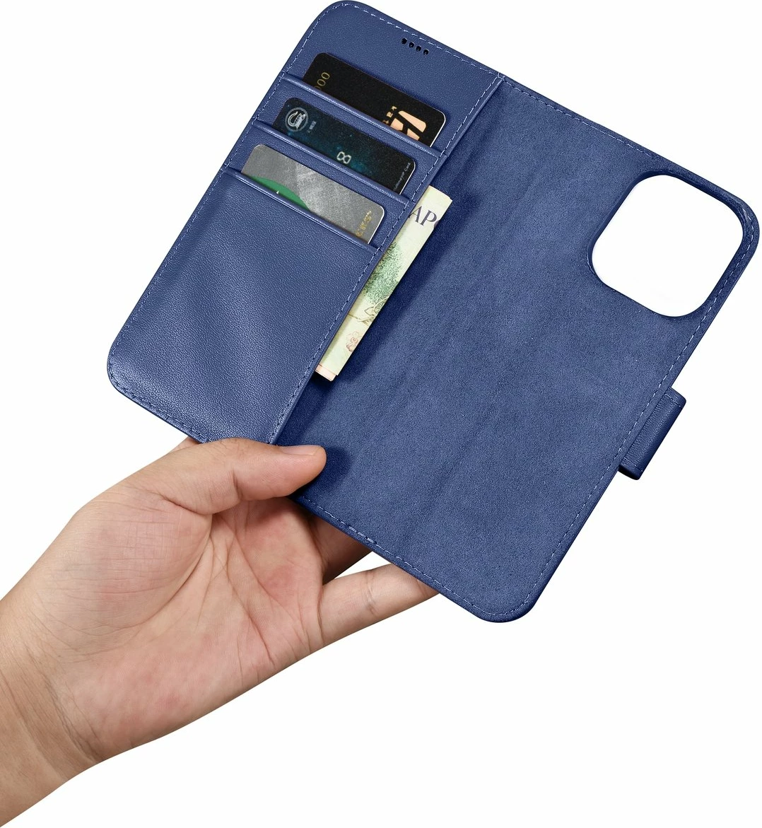 Ovitek za telefon 2-v-1 z denarnico, naravno usnje, Anti-RFID, modra, iCarer Wallet Case za iPhone 14 Pro