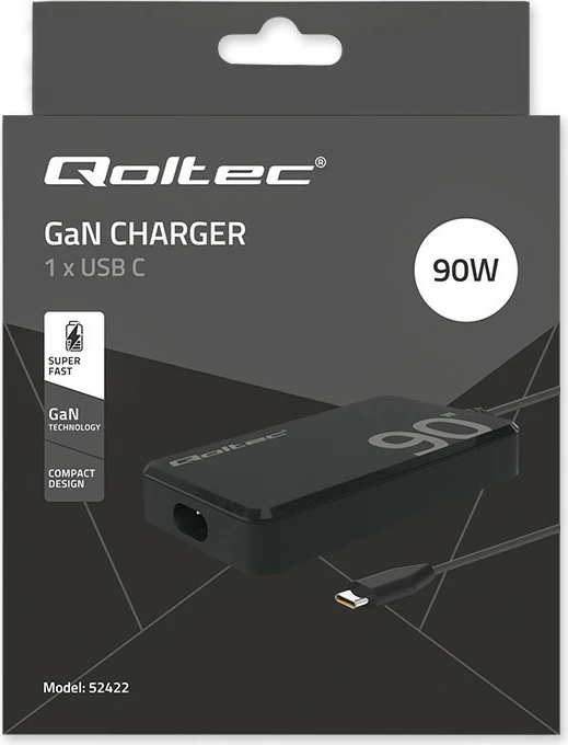 Stenski hitri polnilec 90W GaN, USB-C 3.1, s kablom, črn, Qoltec 52422