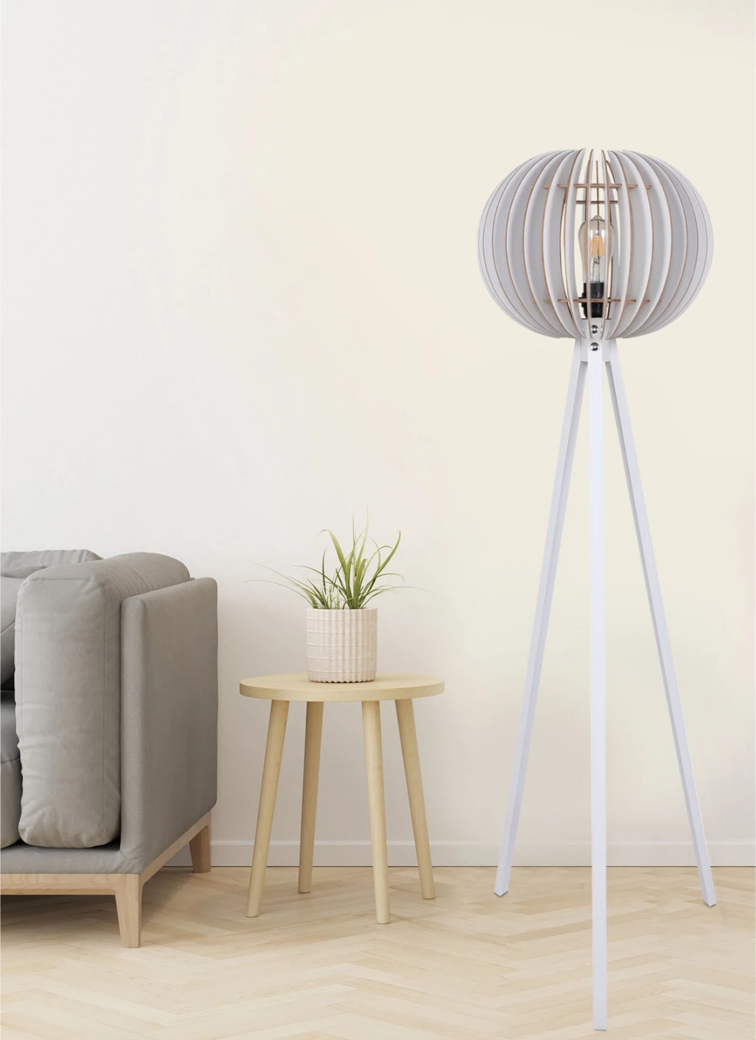 Lesena talna svetilka z belim senčnikom iz MDF FH7375.01 Φ36x145Υ cm