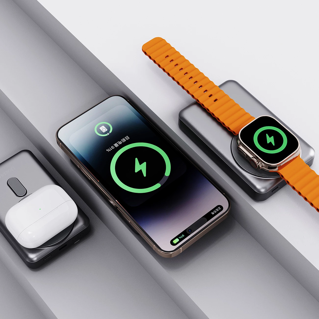 Prenosna baterija 10000 mAh, MagSafe, z integriranima kabloma USB-C in Lightning, Dudao K29, siva