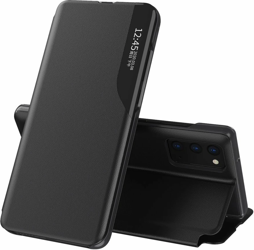 Ovitek za Samsung Galaxy A02s EU, Hurtel Eco Leather View Case, s pokrovom in stojalom, črn