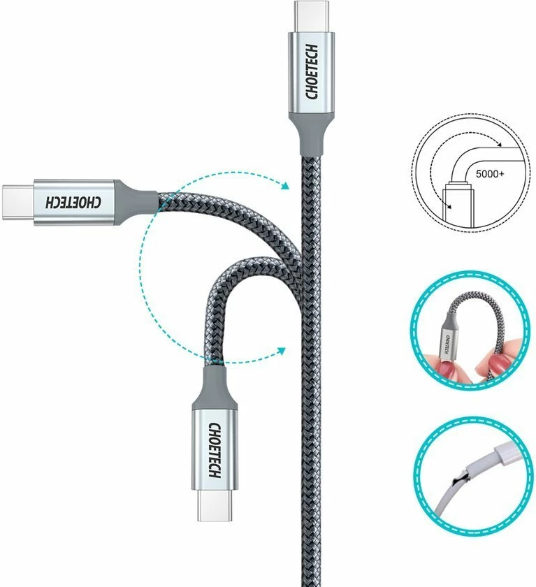 Kabel USB-C v USB-C Choetech XCC-1002-GY, 1,8 m, 100 W, siv