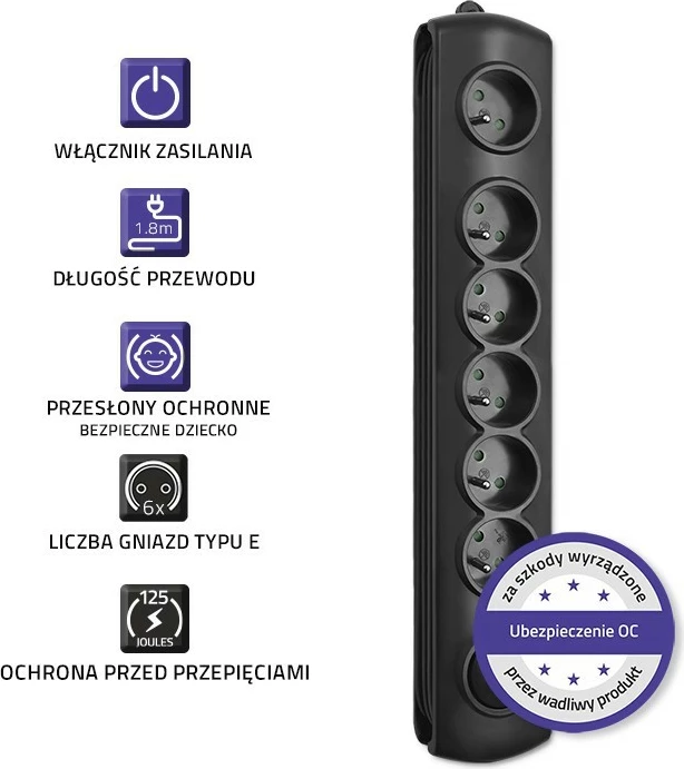 Razdelilec z 6 vtičnicami Qoltec 50111, 1,8 m, črn