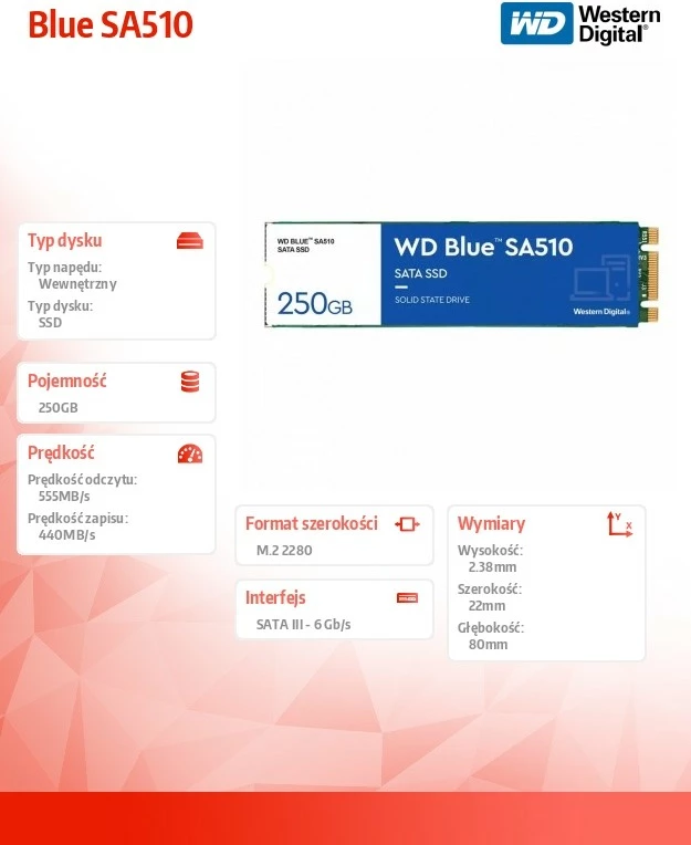 SSD Western Digital Blue SA510, 250 GB, M.2 2280, SATA III
