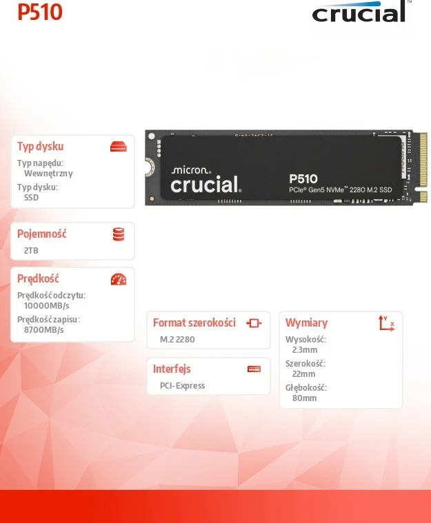 SSD 2TB M.2 NVMe Gen5 2280, 10000/8700 MB/s Crucial P510