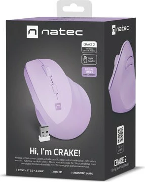 Vertikalna brezžična miška Natec Crake 2, 6 gumbov, Bluetooth/2.4 GHz, lavandna