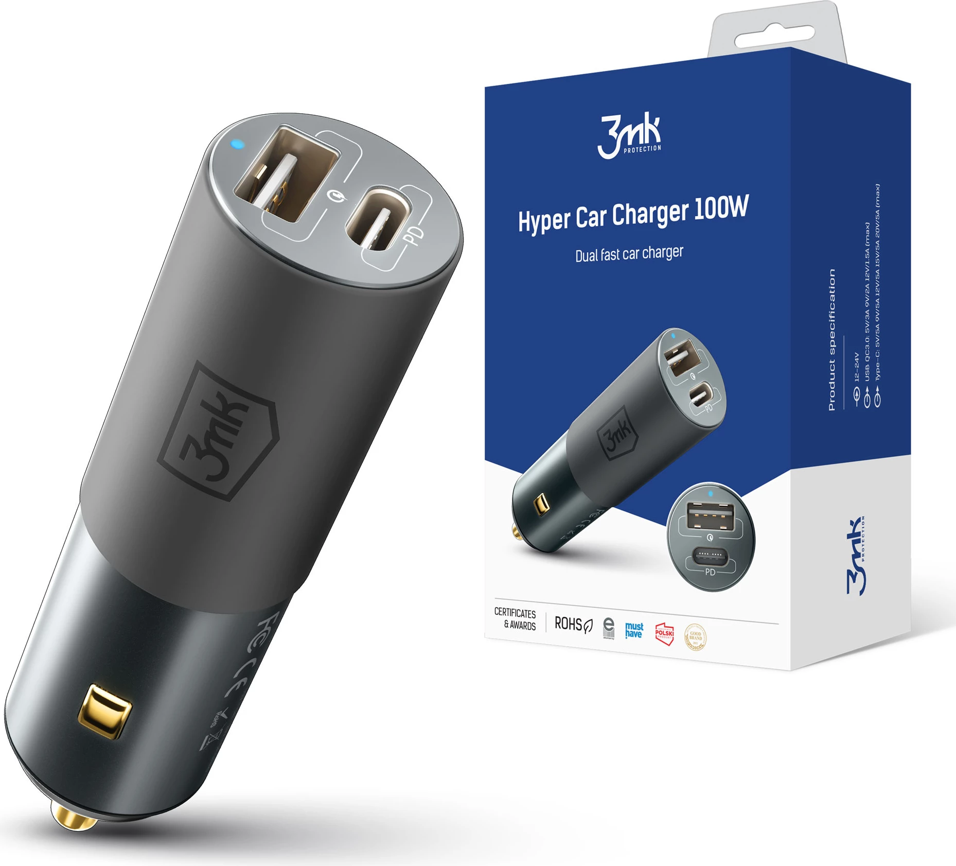 Avtomobilski polnilec 3mk Hyper Car Charger 100W, 2x USB-A/USB-C, črn