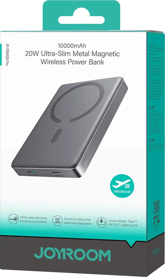 Powerbank 10.000 mAh, ultra tanek, siv Joyroom JR-PBM08 Pro