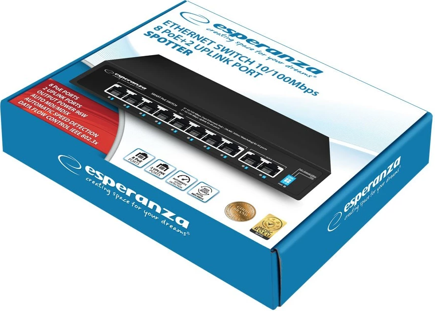 Networšni preklopnik Esperanza ENS106, 10 vrat, PoE, 10/100, 96W, črn
