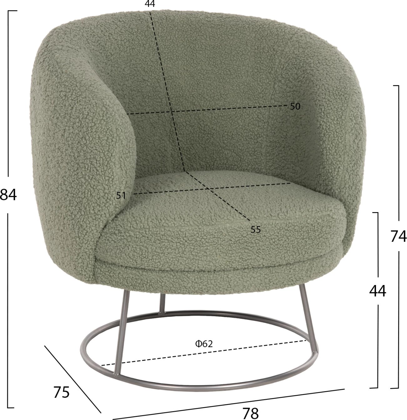 Fotelj ARIEN FH8403.27 iz boucle tkanine v pistacija zeleni barvi-srebrna kovinska osnova 78x75x84Hcm