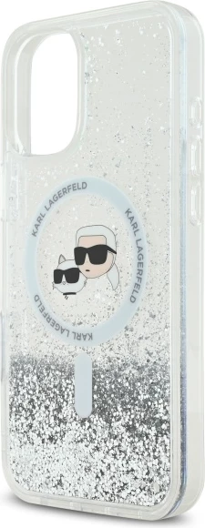 Prozoren ovitek z tekočim bleščicami Karl Lagerfeld Liquid Glitter Karl & Choupette Head MagSafe za iPhone 16 Plus