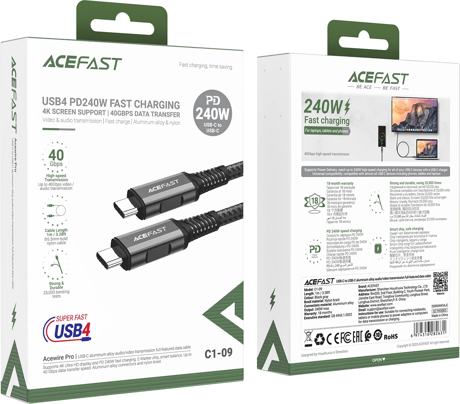 Kabel USB-C na USB-C Acefast C1-09, USB4, PD3.1, 5A, 1 m, sivo-črn