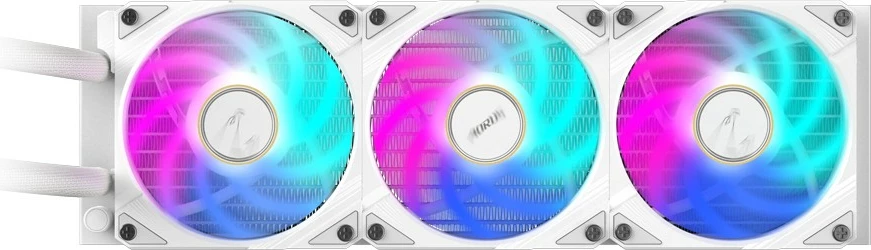 Tekoče hlajenje AORUS WATERFORCE X II 360 ICE, 3x120mm ARGB, LCD, Gigabyte, belo — za Intel LGA 1851 in AMD AM5