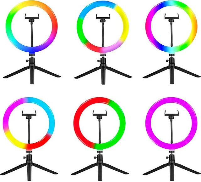 LED obročna luč 26 cm s stojalom, RGB, z daljinskim upravljalnikom — Tracer TRAOSW46807, črna