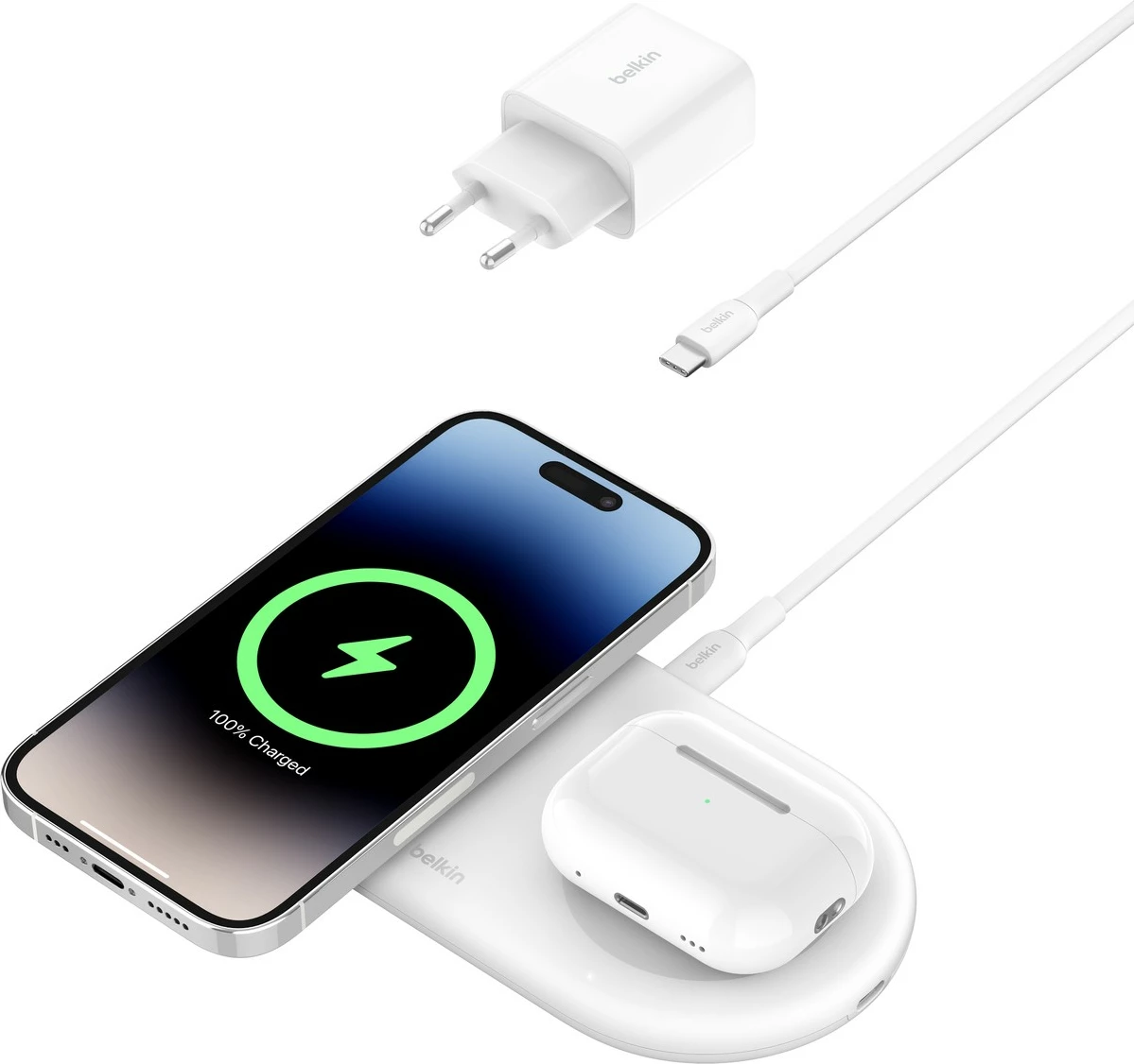 Brezžični polnilec, Belkin WIZ021vfWH, 15W, 2 napravi, USB Type-C, bel