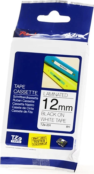 Etiketni trak, laminiran 12 mm x 8 m, Brother TZE-231, črno na belem