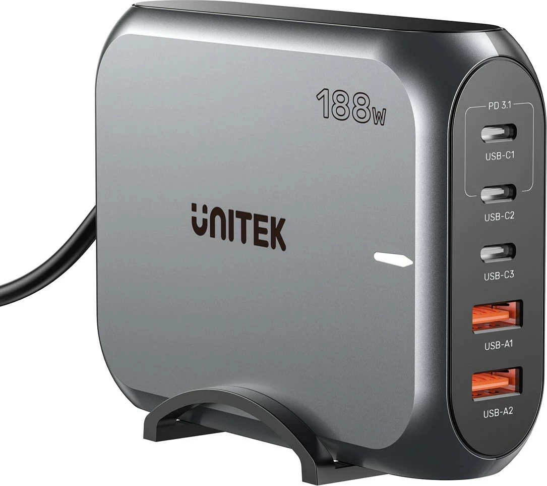 Visokozmogljiv polnilec Unitek GaN 188W, 2x USB-A, 3x USB-C, siv