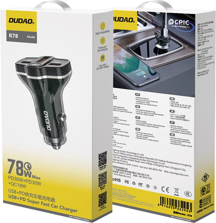 Avtomobilski polnilec Dudao R78, 78 W, 2x USB-A QC, USB-C PD, črn
