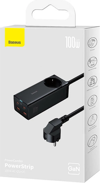Polnilnik Baseus GaN3 Pro, 100 W, 2x USB-C + 2x USB-A, AC vtič, črn