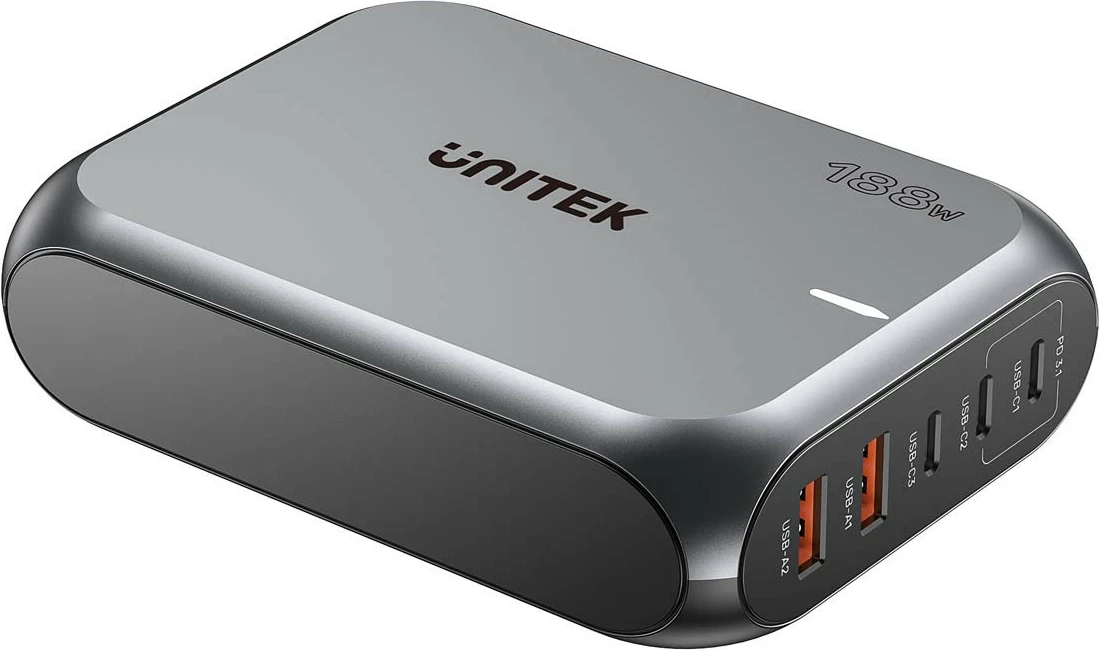 Visokozmogljiv polnilec Unitek GaN 188W, 2x USB-A, 3x USB-C, siv