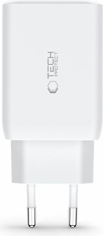 Omrežni polnilec 2x USB-C PD 65W / USB-A QC 3.0, Tech-Protect C65W, bel