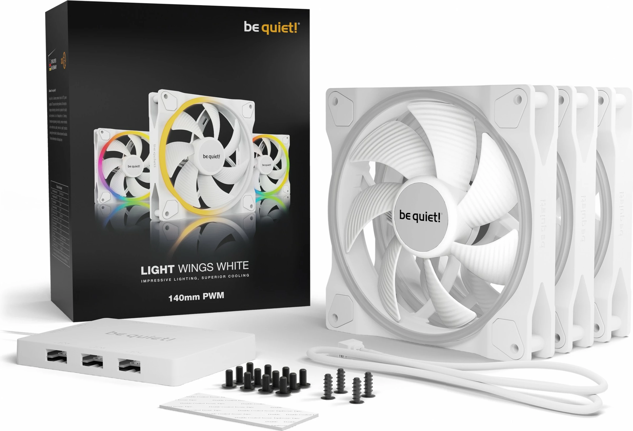 Ventilatorji za ohišje LIGHT WINGS 140 mm, Be Quiet! Triple-Pack PWM, RGB, beli