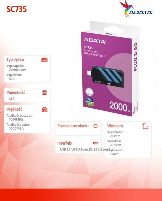 Zunanji SSD 2 TB, USB 3.2 Gen2 Type-C, črn/moder Adata SC735