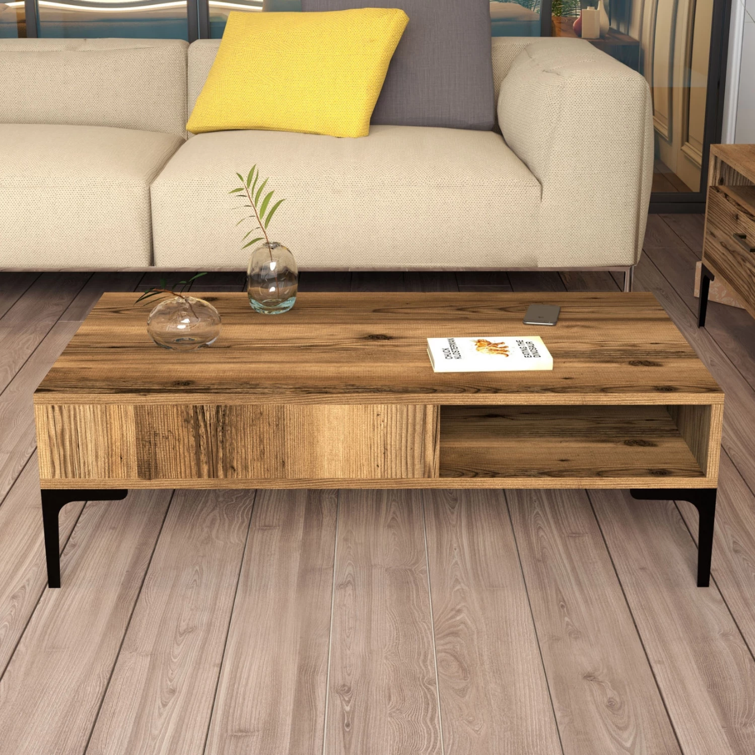 Klubska miza iz melamina FH9503.01 v barvi oreha in kovinske noge 105x60x32,6H cm