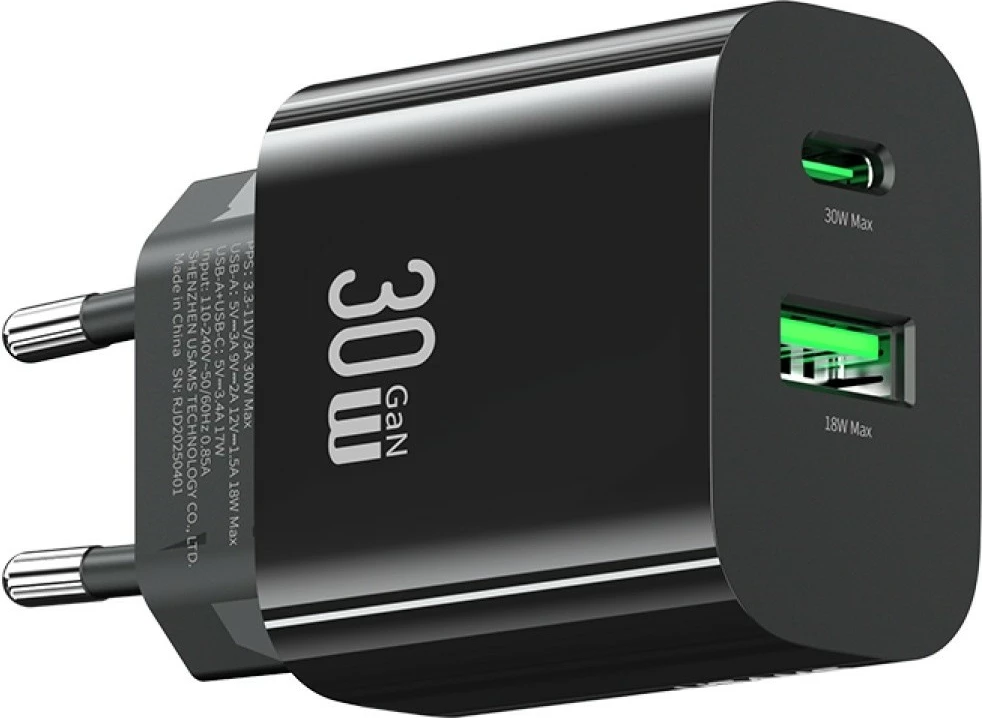 Hiter 30W stenski polnilec USAMS CC316 T65, 1x USB-C, 1x USB-A, črn