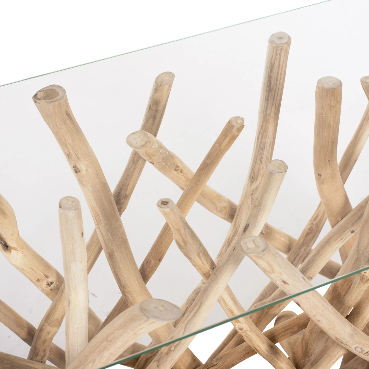 Konzola v rustikalnem stilu iz masivnih vej TEAK naravne barve in stekla 120x35x75H cm