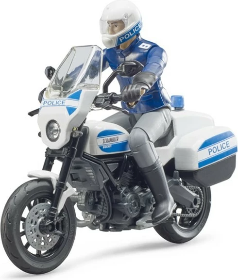 Policijski motor Scrambler Ducati z policistom, BRUDER, 1:16, bel/moder
