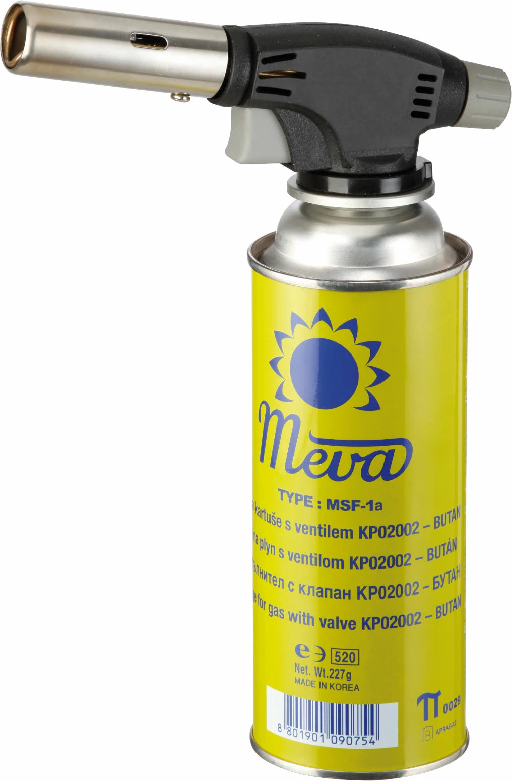 Komplet plinskega gorilnika z vžigalnikom piezo in 4 plinskimi kartušami, 1,6 kW Meva KP18004