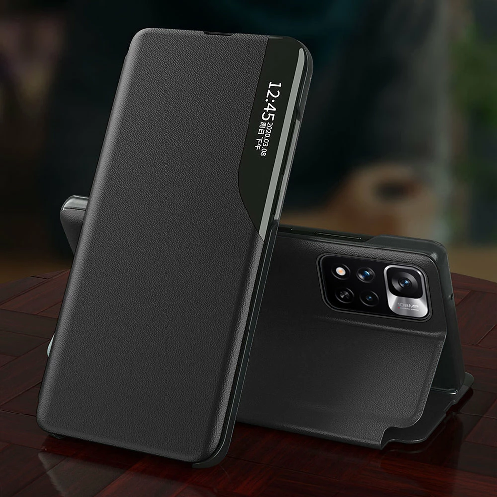 Ovitek Eco Leather View Hurtel za Xiaomi Redmi Note 11 Pro+ 5G / 11 Pro 5G / Mi 11i HyperCharge / Poco X4 NFC 5G, črn