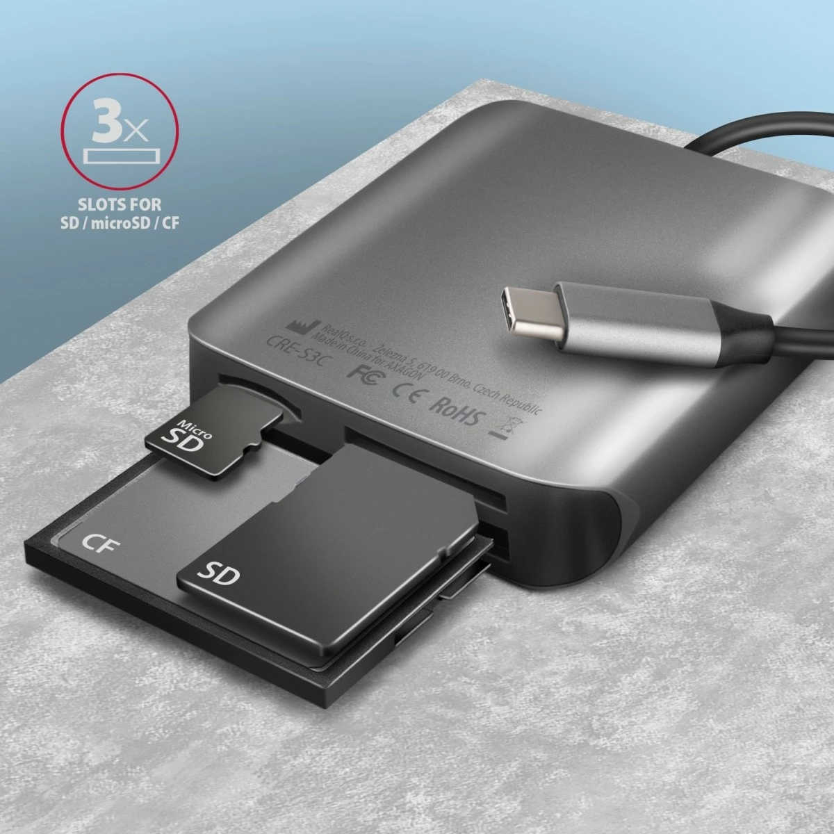 Bralnik kartic AXAGON CRE-S3C, USB-C, 3 reže, aluminij, siv