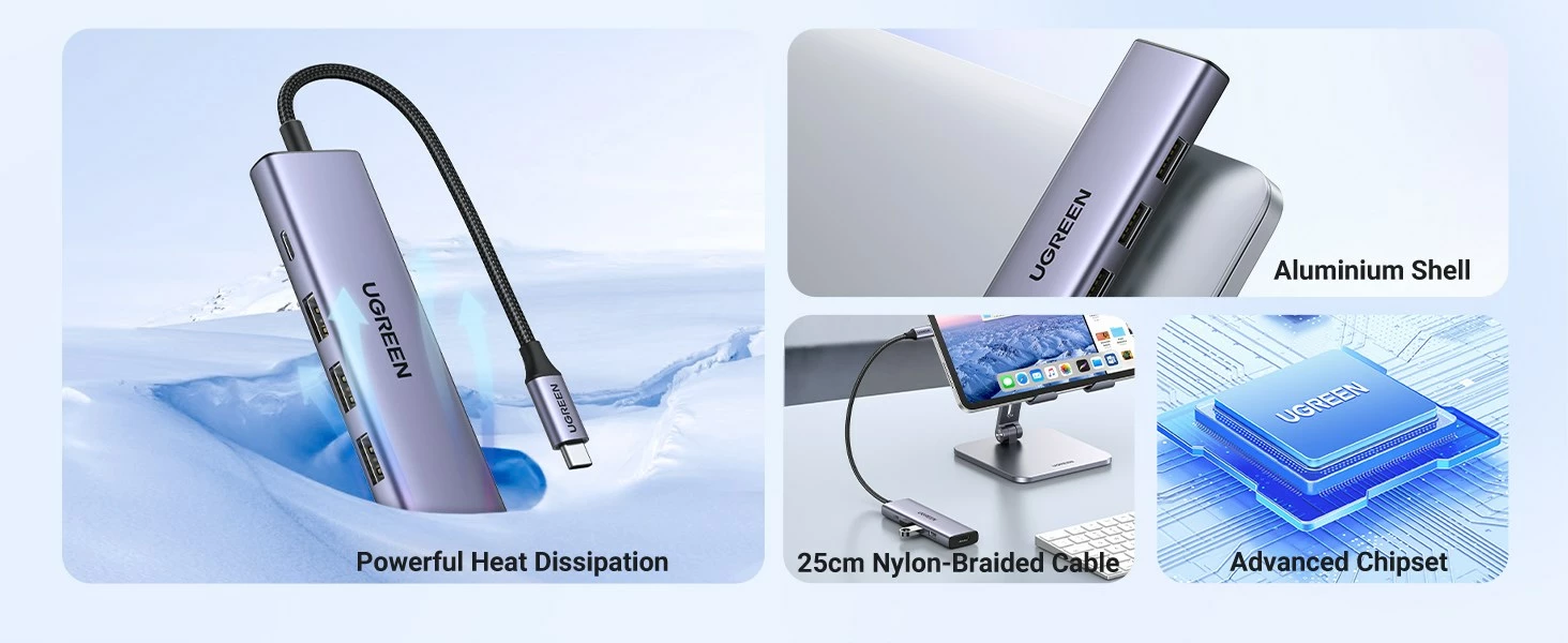 Dock za prenosnik UGREEN 15596, 3x USB 3.2 Gen 1 Type-A, 1x USB Type-C, 3x HDMI 2.0, 100W, aluminij