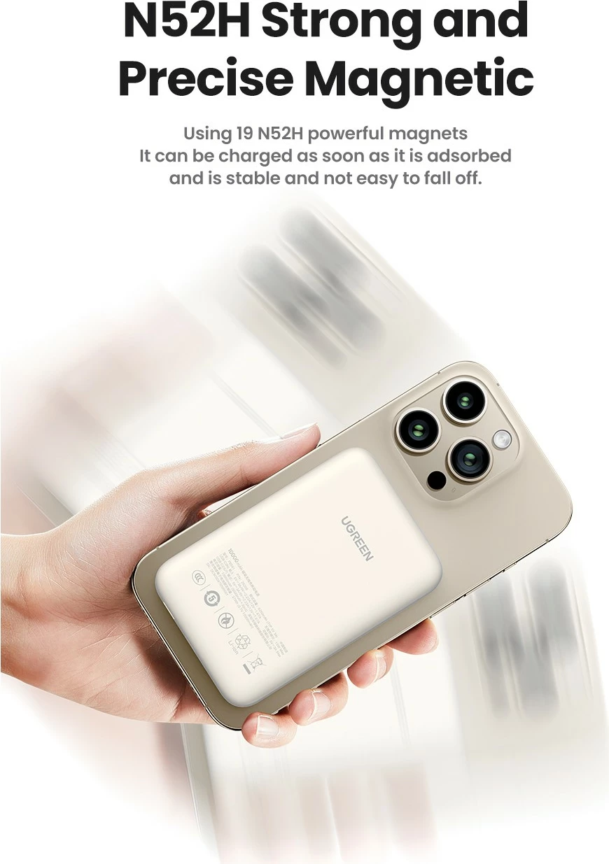 Brezžični polnilnik (powerbank) Ugreen 25208, 10000 mAh, Power Delivery 3.0, bež