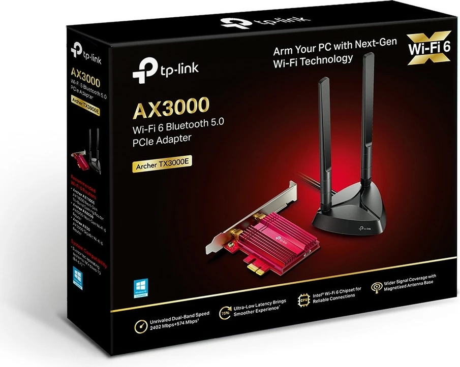 Kartica omrežja TP-Link Archer TX3000E, WLAN/Bluetooth, 2402 Mbit/s, črno/rdeča