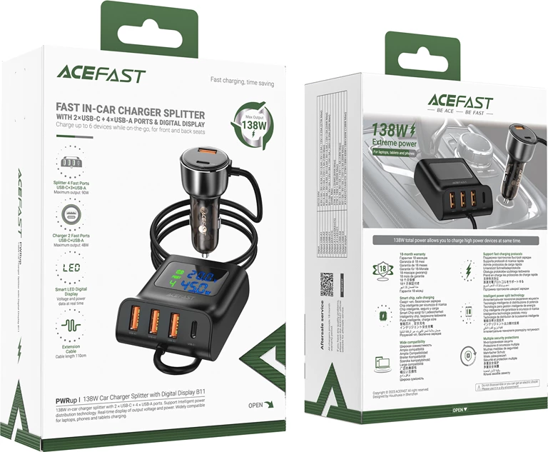 Polnilec za avto Acefast B11, 138 W, 6 priključkov USB-A/USB-C, črn