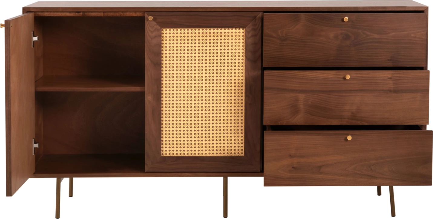 Bife MEEN FH9735 MDF z naravnim orehovim furnirjem-zlate kovinske noge 150x40x80Hcm