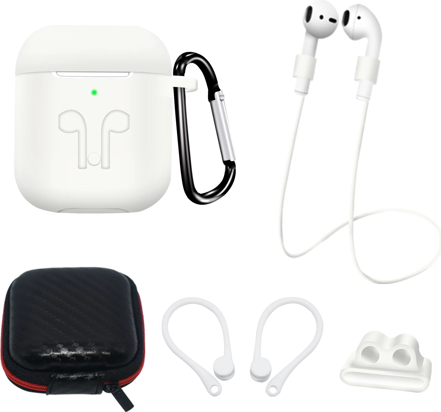 Silikonski etui za AirPods 2/1 Hurtel, z zaponko, vrvico za okoli vratu, ušesnimi zankami in nosilcem za uro, bela