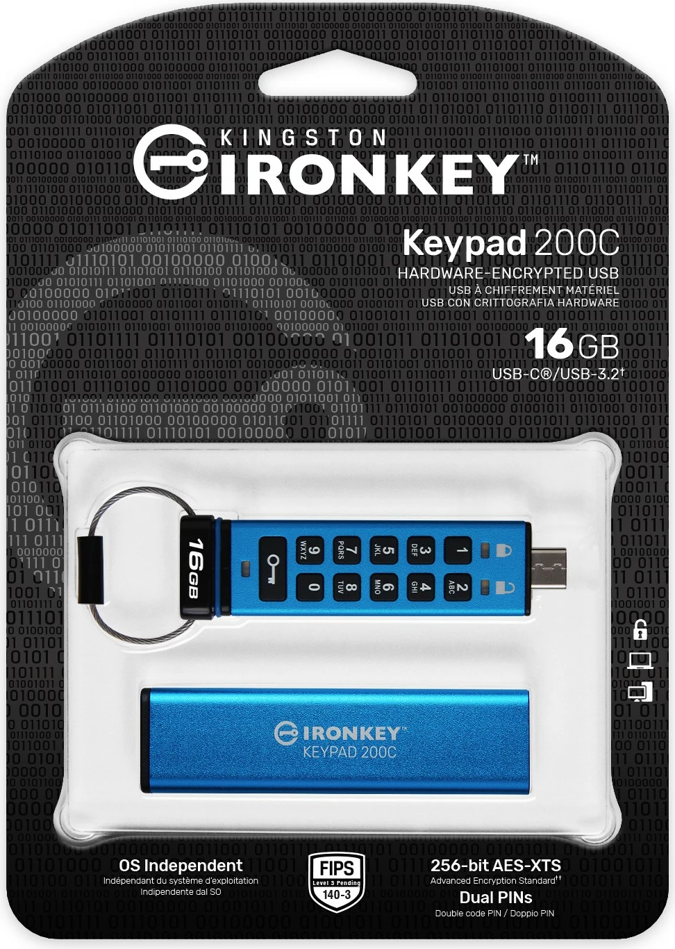 Varnostni USB ključ z numerično tipkovnico 16GB, Kingston IronKey Keypad 200C, USB-C, moder