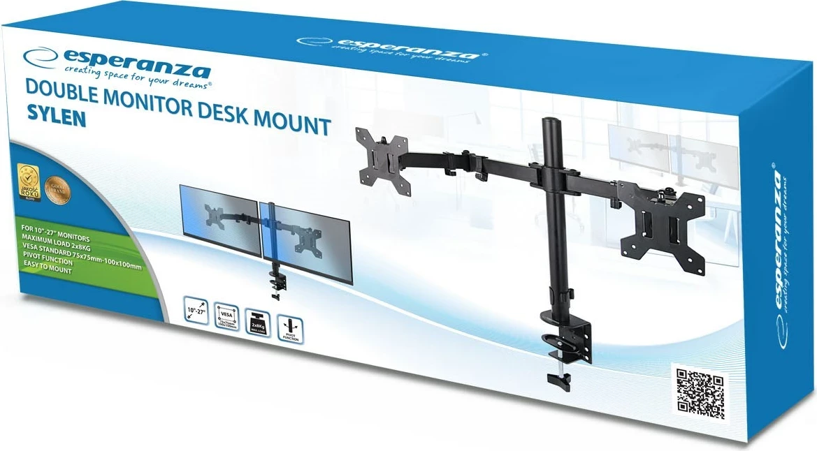 Držalo za dve monitorji Esperanza ERW018, 10–27'', do 8 kg, črno