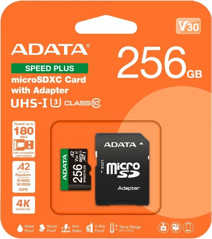 microSD pomnilniška kartica Adata Speed Plus 256GB z adapterjem, A2 UHS-I U3 V30