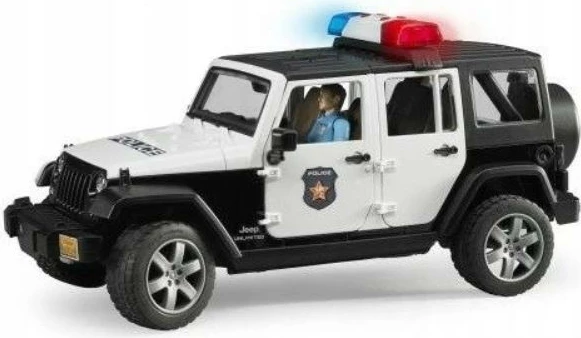 Igrača avtomobil Jeep Wrangler Rubicon BRUDER BR-02526 s policijsko figurico, bel/črn