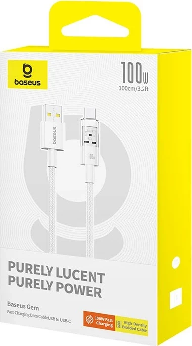 Kabel za hitro polnjenje in prenos podatkov Baseus Gem USB A na USB C, 1 m, 100 W, bel