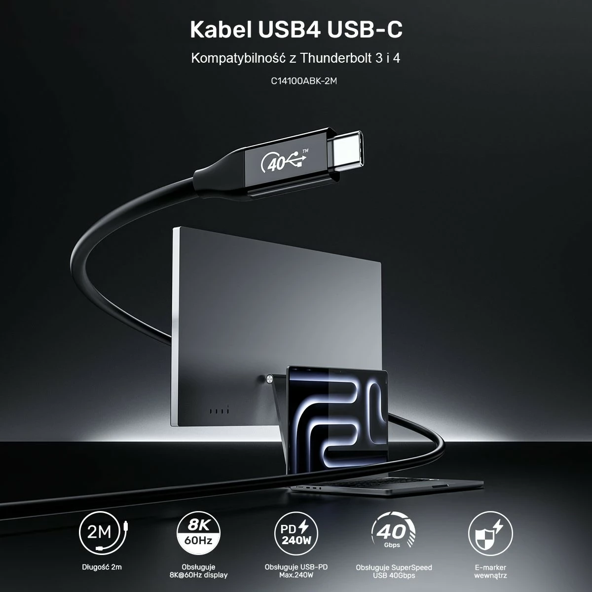 Kabel USB-C 4.0, 100 W, 40 Gbps, 8K, 2 m, črn Unitek